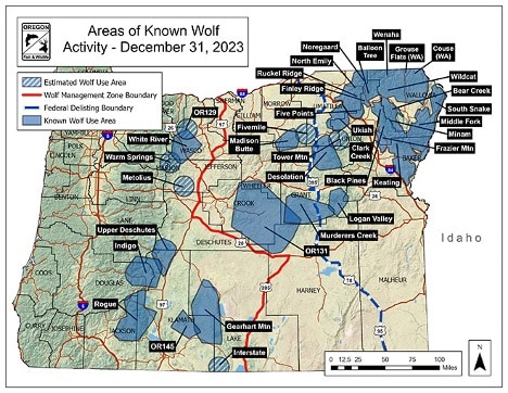 A map of known wolf activity in Oregon. December 31, 2023